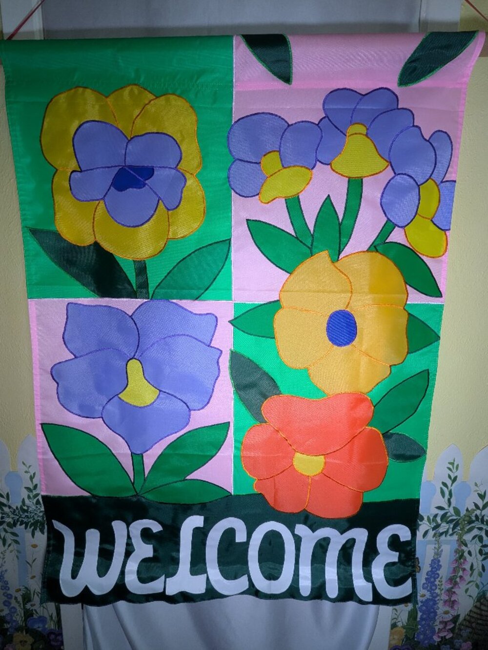 Pansies Floral Garden Flag Double Sided Applique Scalloped Large 39x28 Vintage